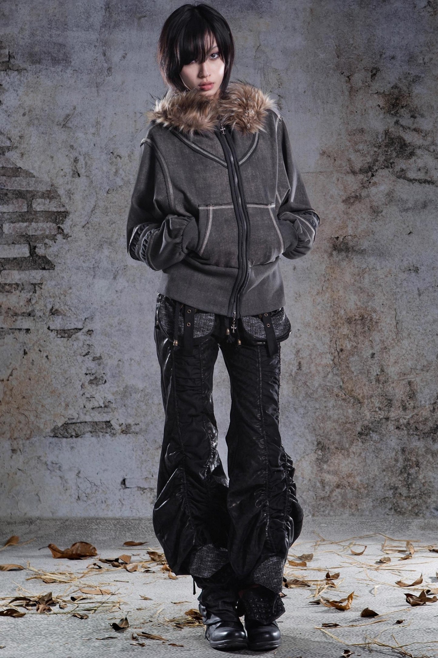 Vintage Lantern Sleeve Hooded Sweatshirt Jacket