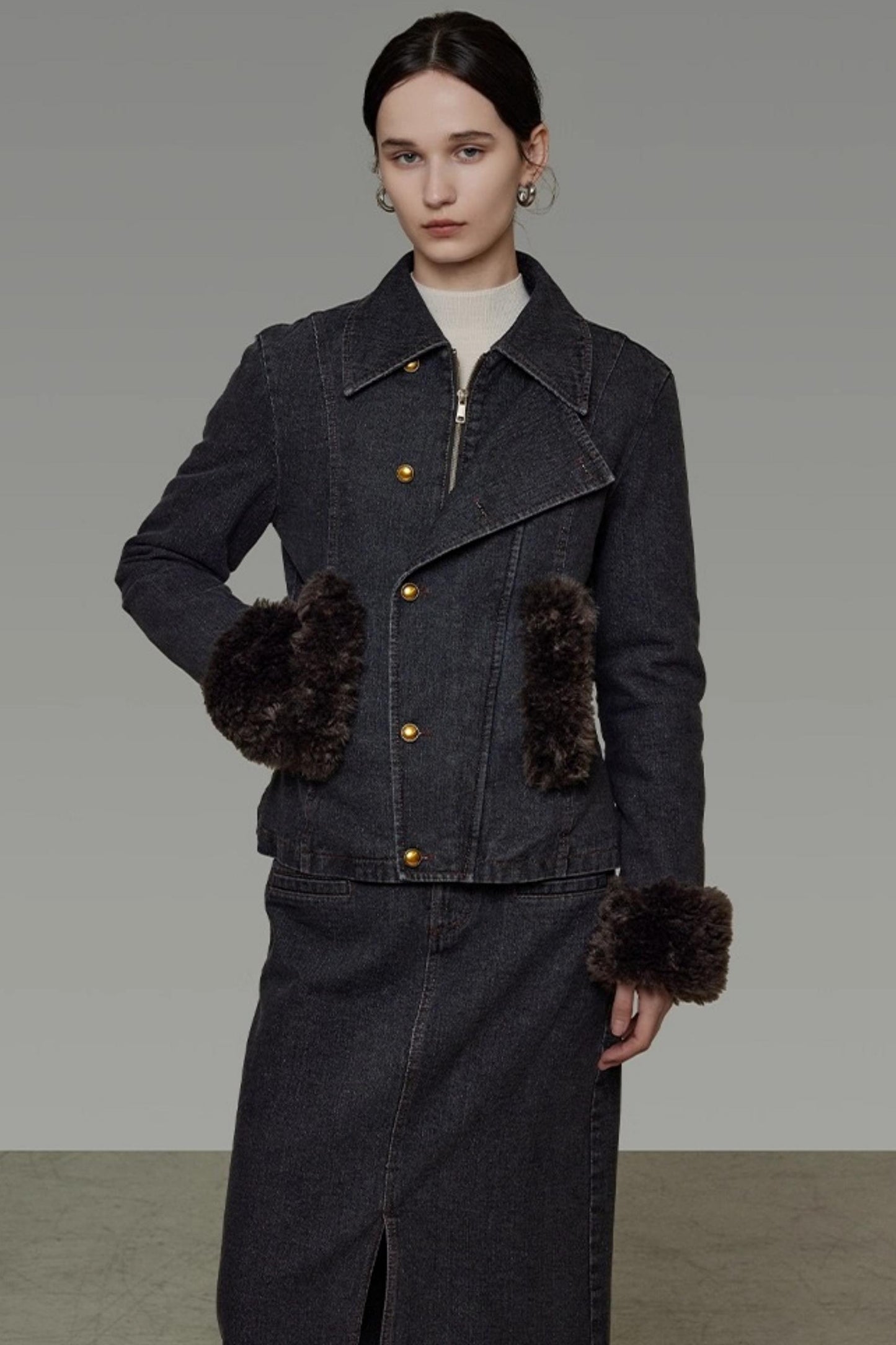 Patchwork Fur Collar Denim Jacket Set-Up
