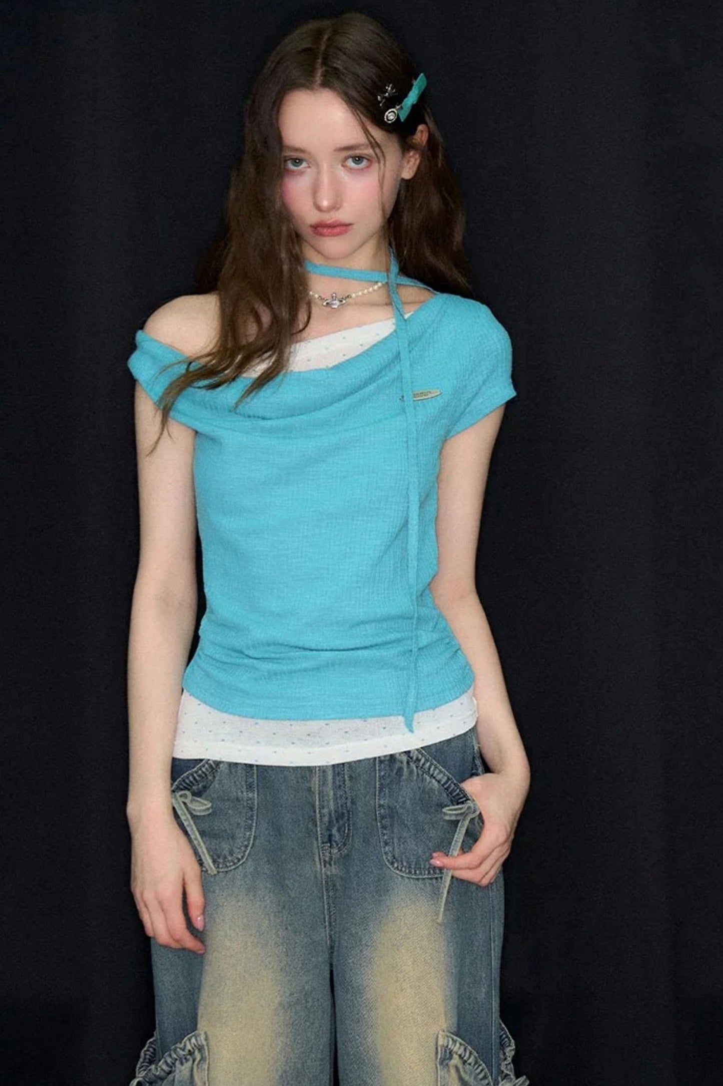 Blue Polka Dot Asymmetric Ruffle T-Shirt