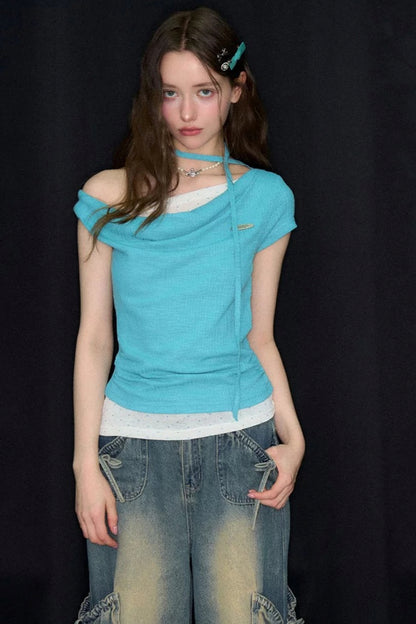 Blue Polka Dot Asymmetric Ruffle T-Shirt