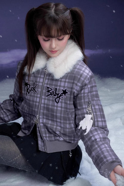 Purple Plaid Fur Collar Jacket
