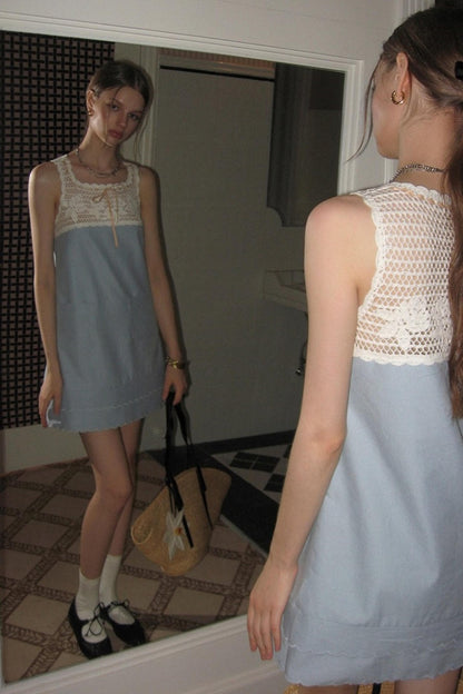 Blue Crochet Square Neck Dress
