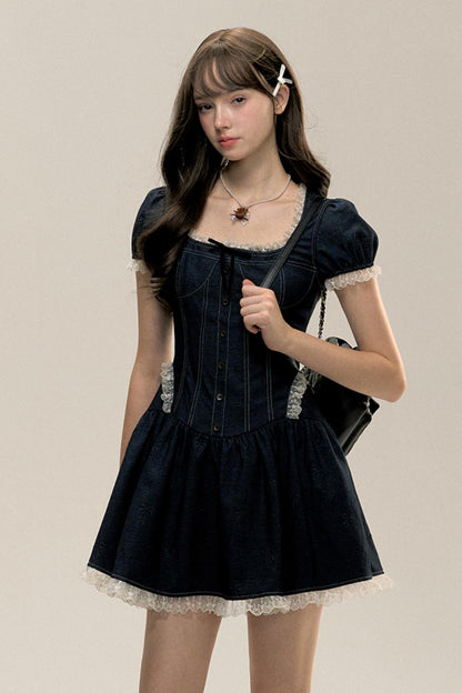 Denim Topstitch Square-Neck Pleated Dress