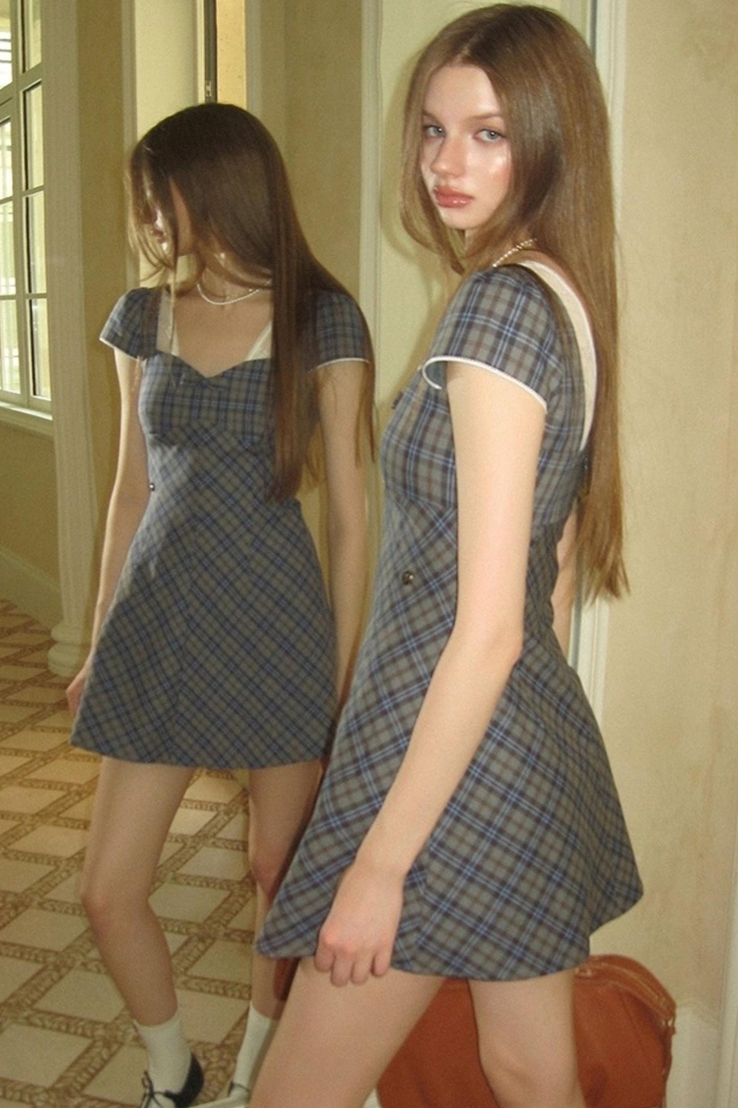 Plaid Lace Bow Short Sleeve Dress