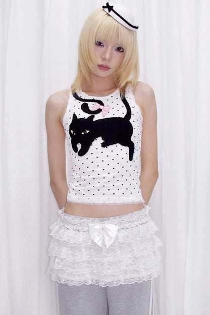 Cat Embroidered Polka Dot Top