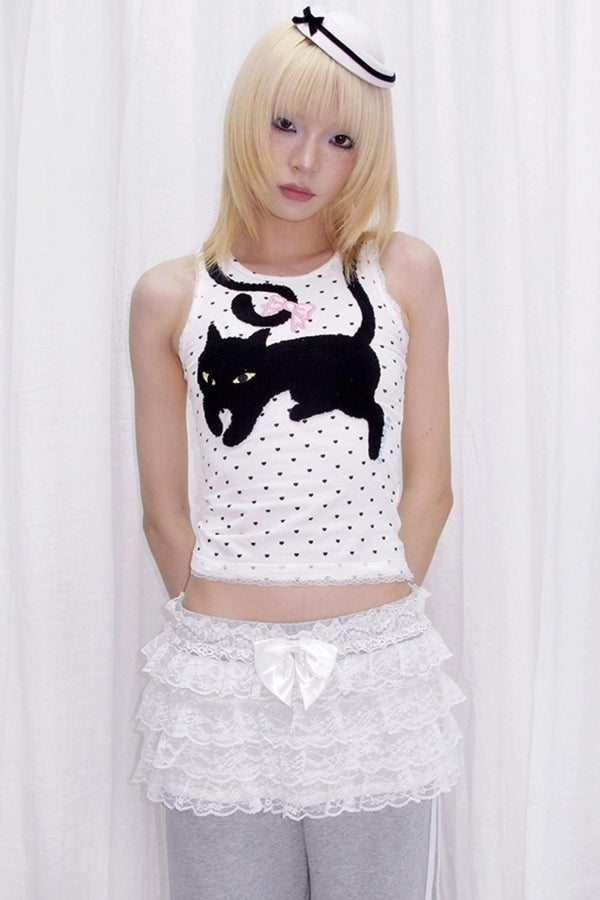 Cat Embroidered Polka Dot Top