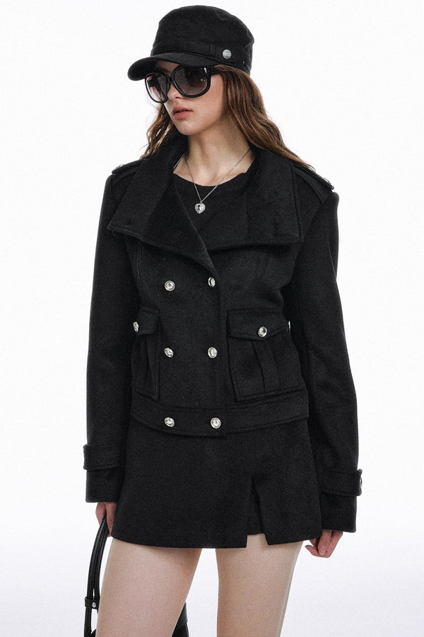 Classic High-Necked Black Woolen Skirt Set-Up