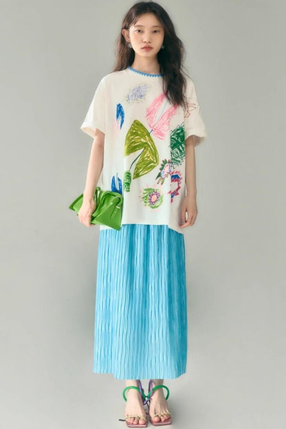 Original Design Glass Blue Elasticated Pleated Skirt