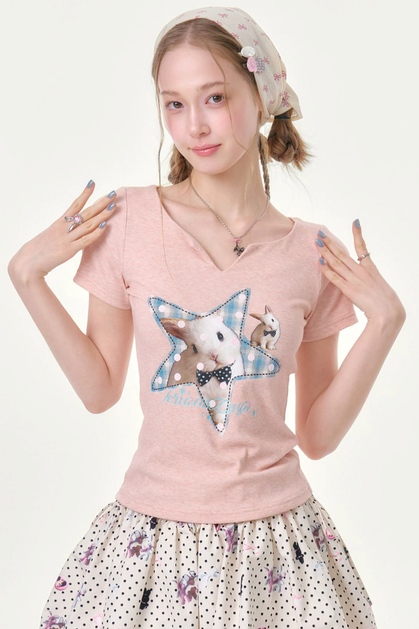 Star Rabbit Pink V-Neck T-Shirt