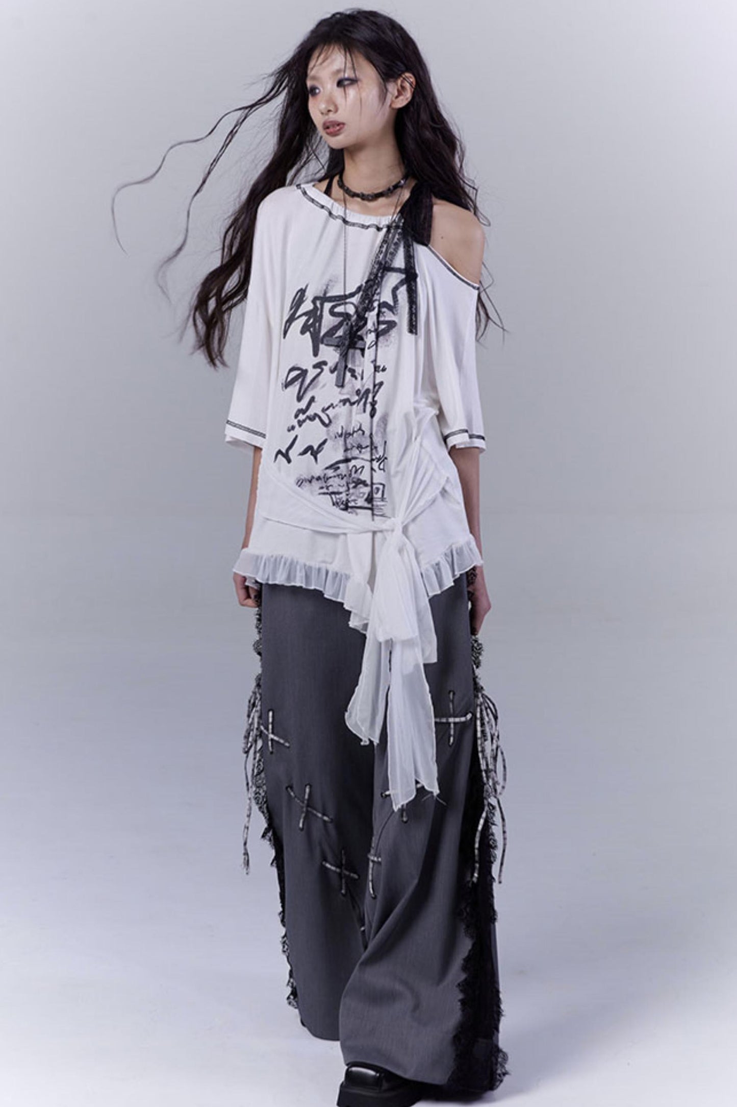 Gray Hollow Lace Fusion Casual Trousers