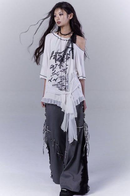 Gray Hollow Lace Fusion Casual Trousers