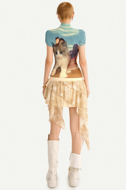 Figurbetontes T-Shirt mit Kätzchen-Print