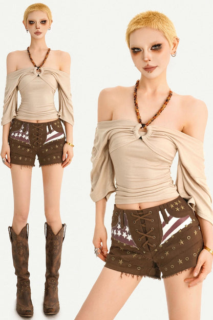 Blusa rétro plissettata con scollo all'americana