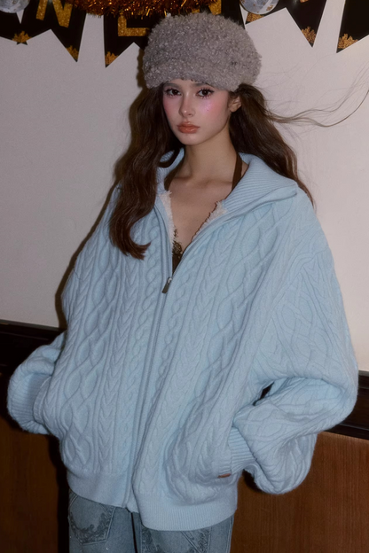 Cable Knit Fleece Sweater Jacket