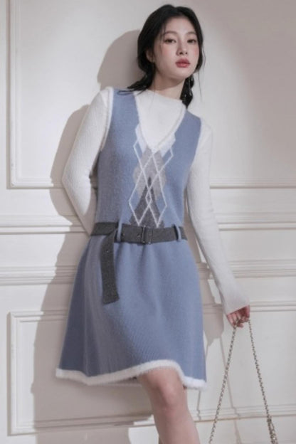 Mist Blue Diamond Plaid Vest Dress