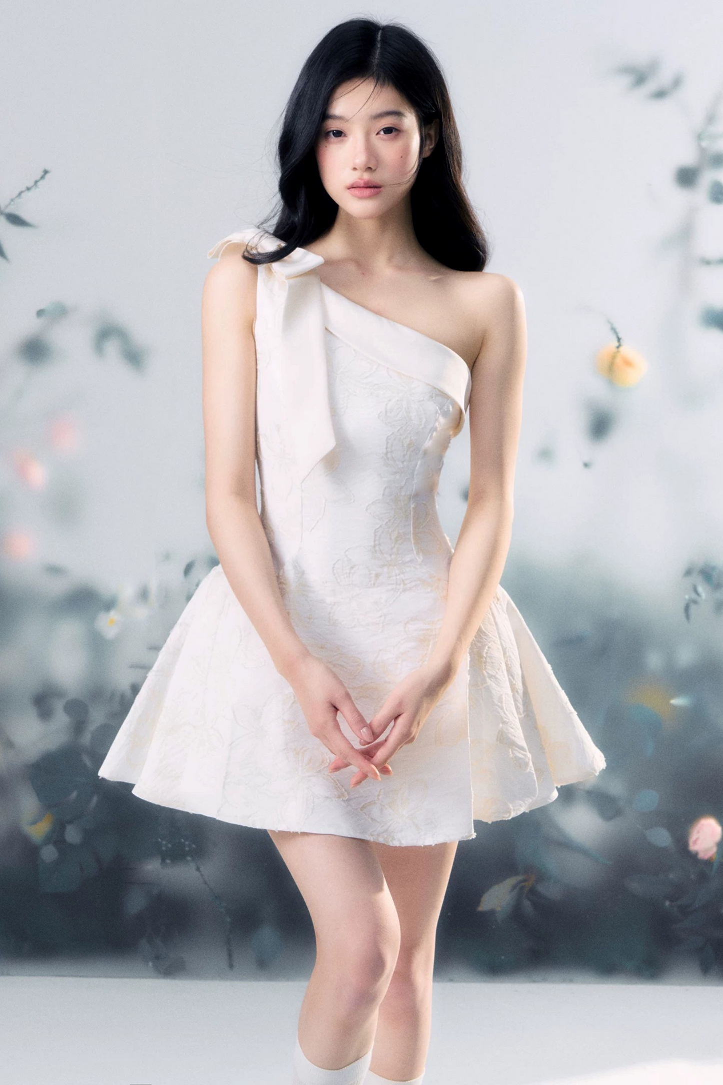 Floral Bow One-Shoulder Dress