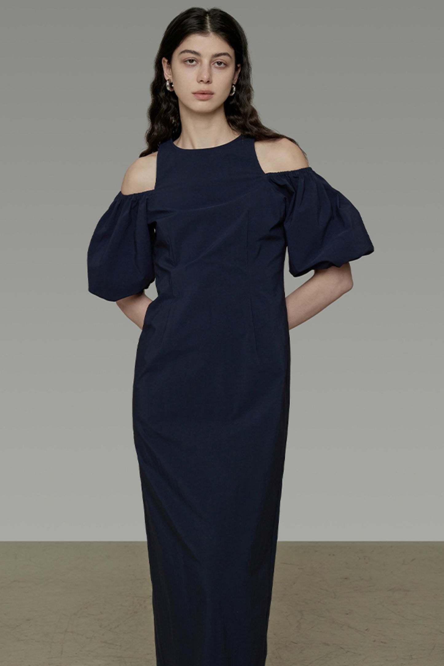 Navy Slim Bubble Sleeve Maxi Dress