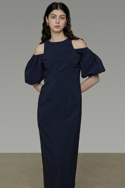 Navy Slim Bubble Sleeve Maxi Dress
