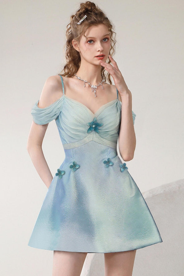 Blue Floral Satin Halter Dress