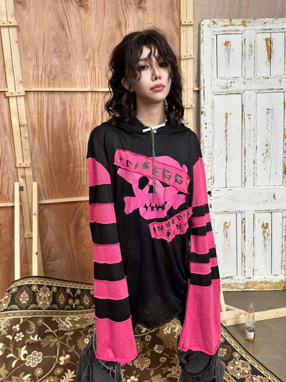 Rock Punk Skull Print Striped Sleeve Hoodie