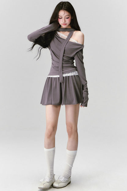 Green Lace Knit Top Skirt Set-Up