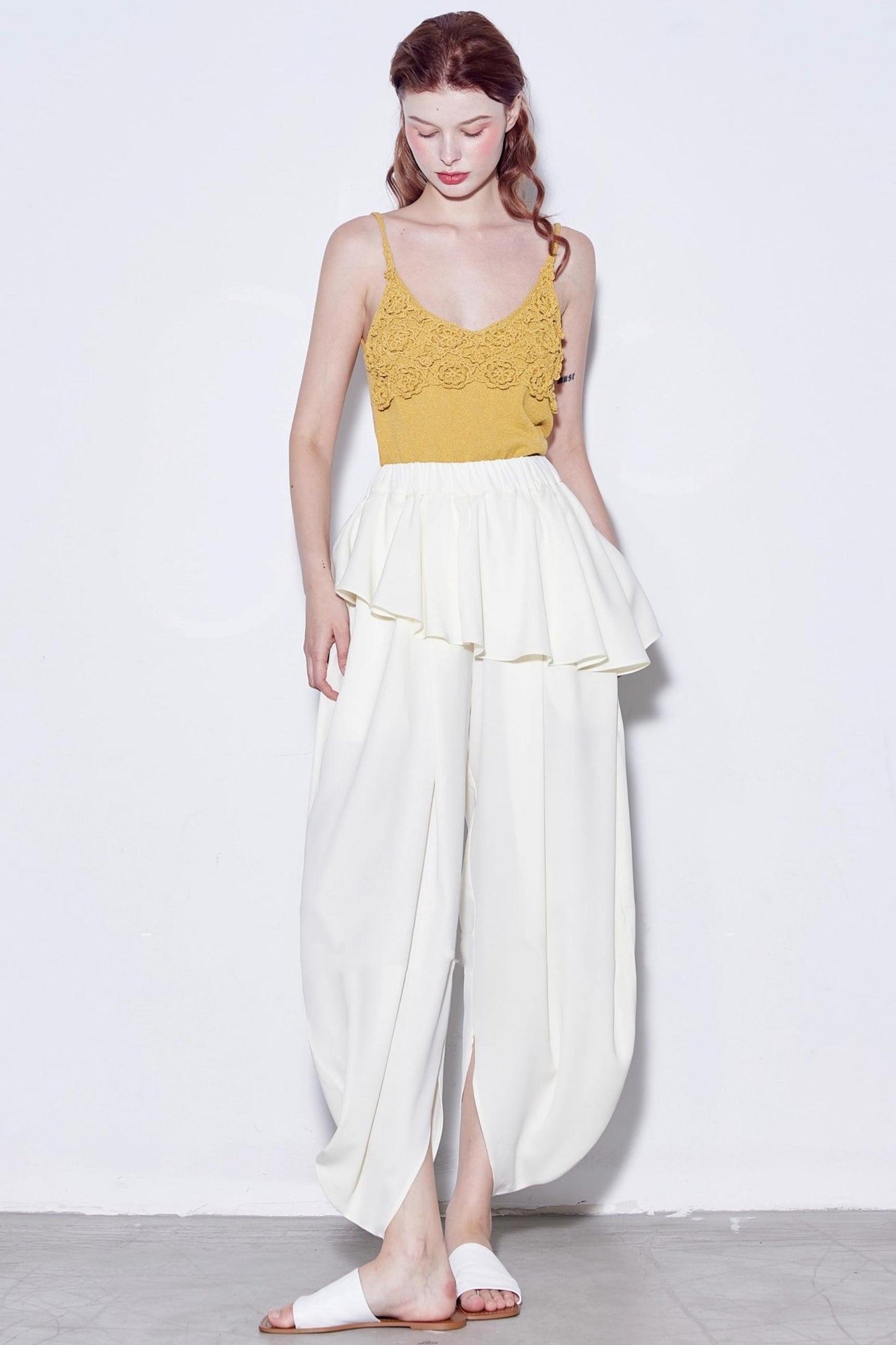 French Ruffled High-Waist Trousers