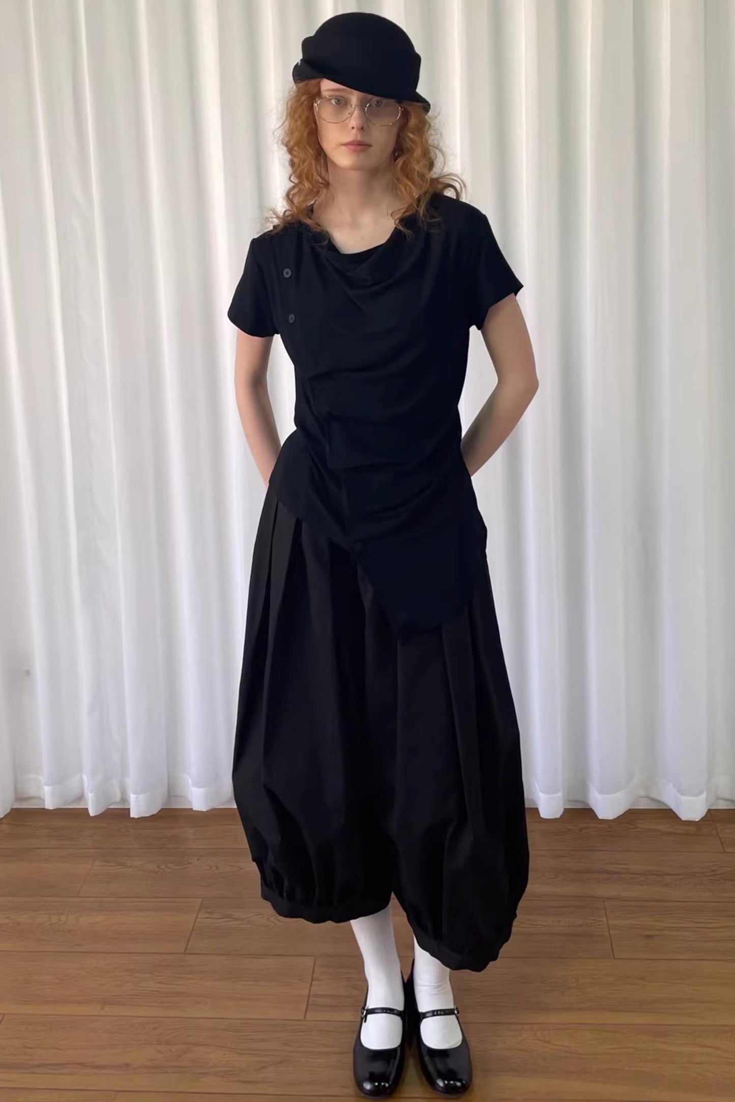 Pleated Irregular Neckline Top