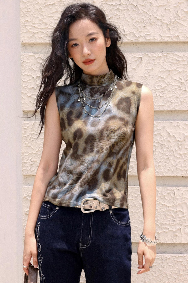 Leopard High Neck Sleeveless Top