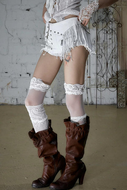 Punk Chain Leather Denim Shorts