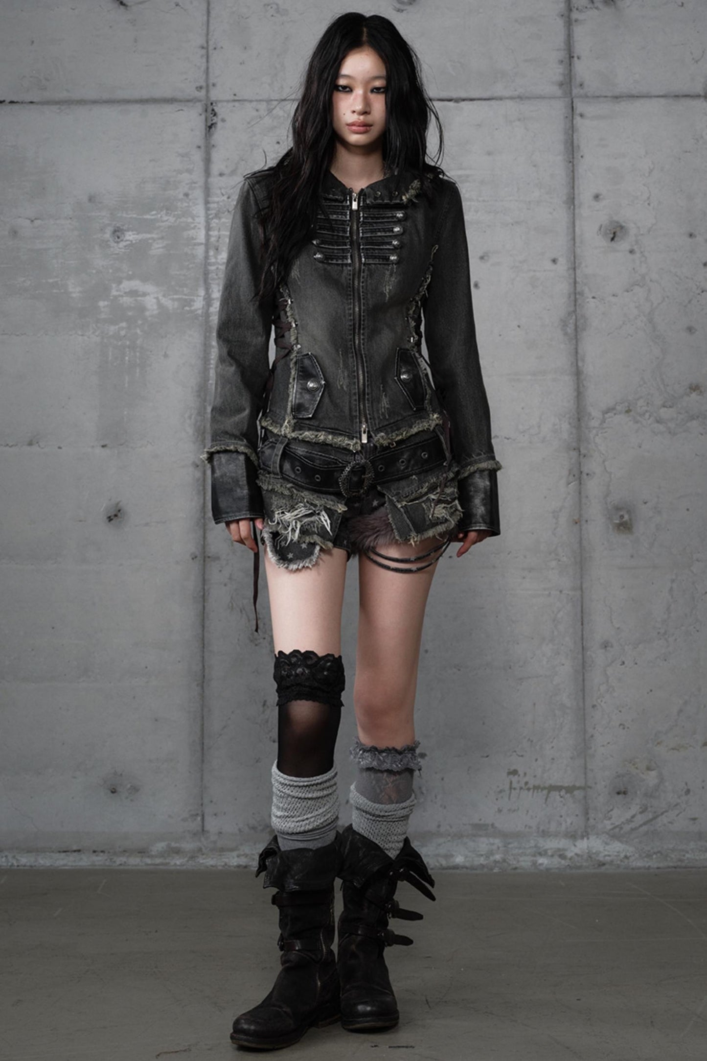 Distressed Denim Slim Fit Hooded Coat