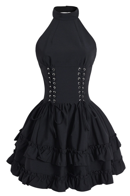 Halter Neck Lace-Up Ruffle Dress