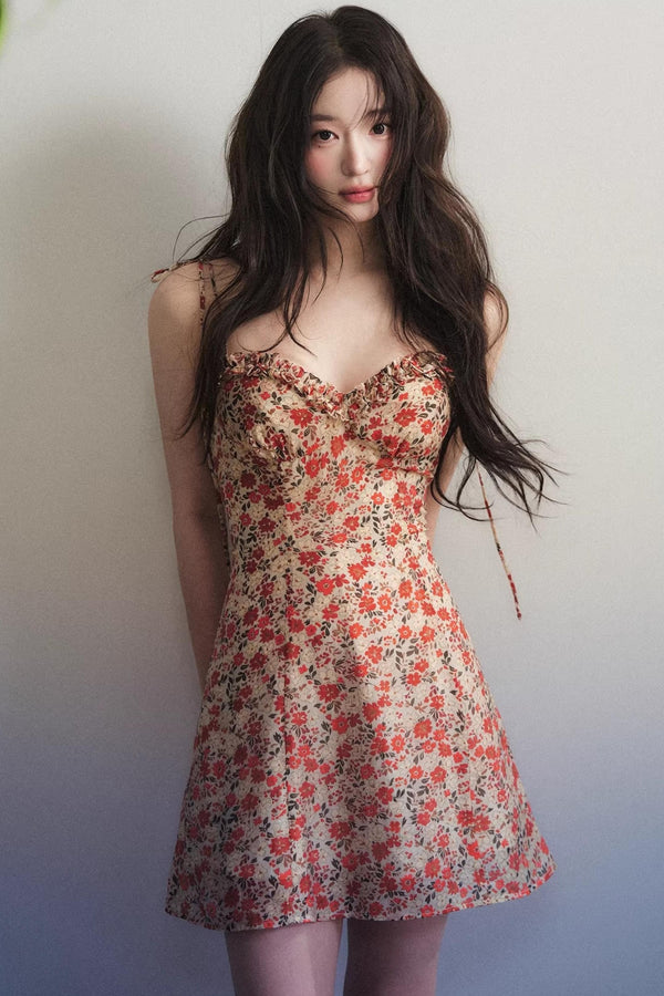 Orange-Red Floral Ruffled Dress