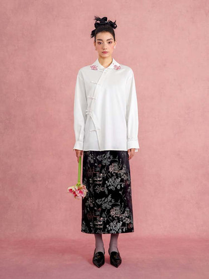 Lotus Flower Embroidery Chinese Blouse