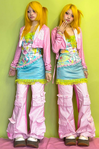 Pink Polka Dot Stripe Stitching Tie Short Jacket