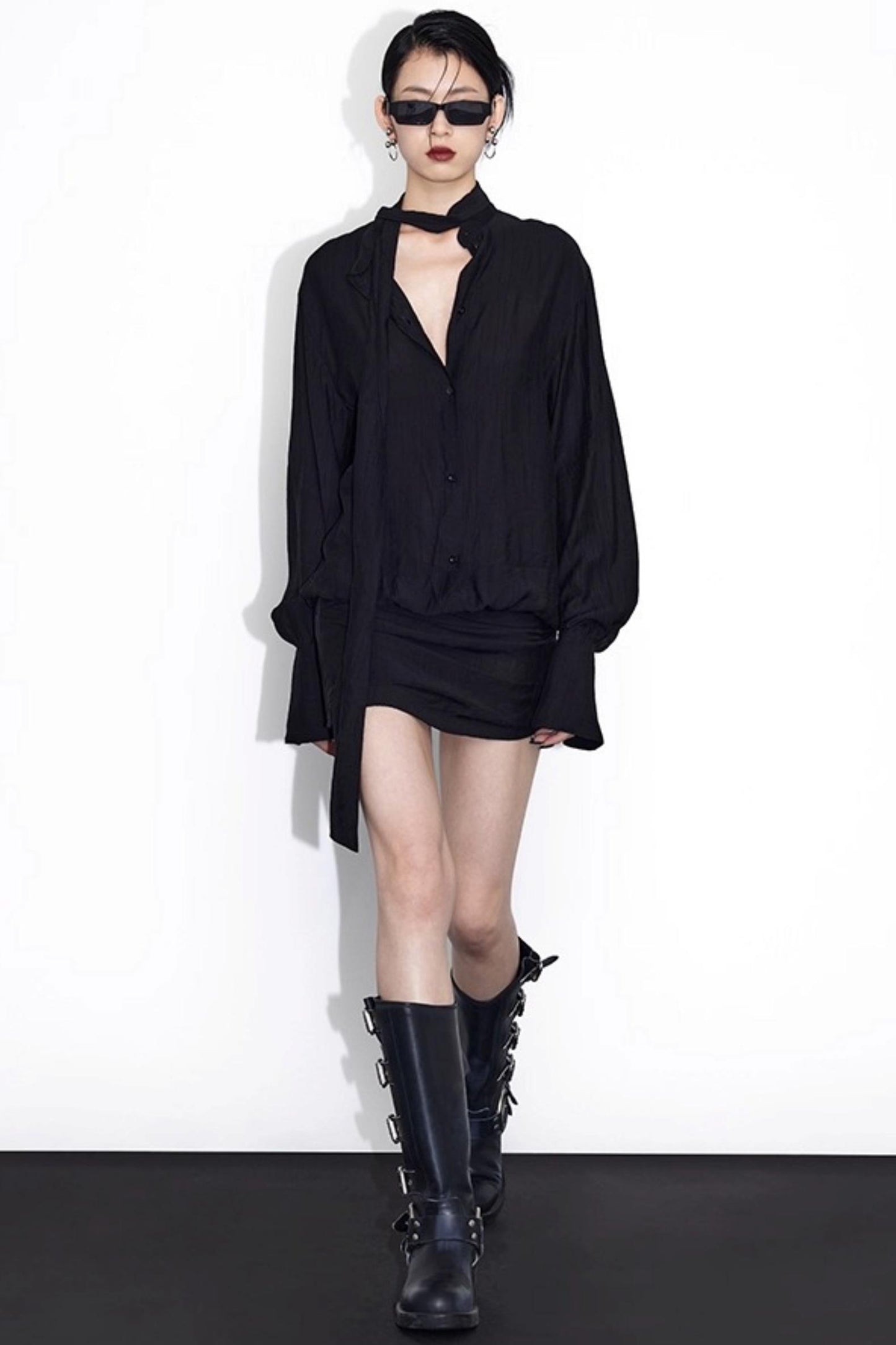Streamer Black Drape Shirt Dress