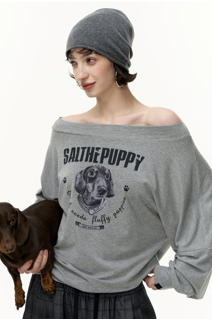 Puppy Print Slanted Shoulder T-Shirt