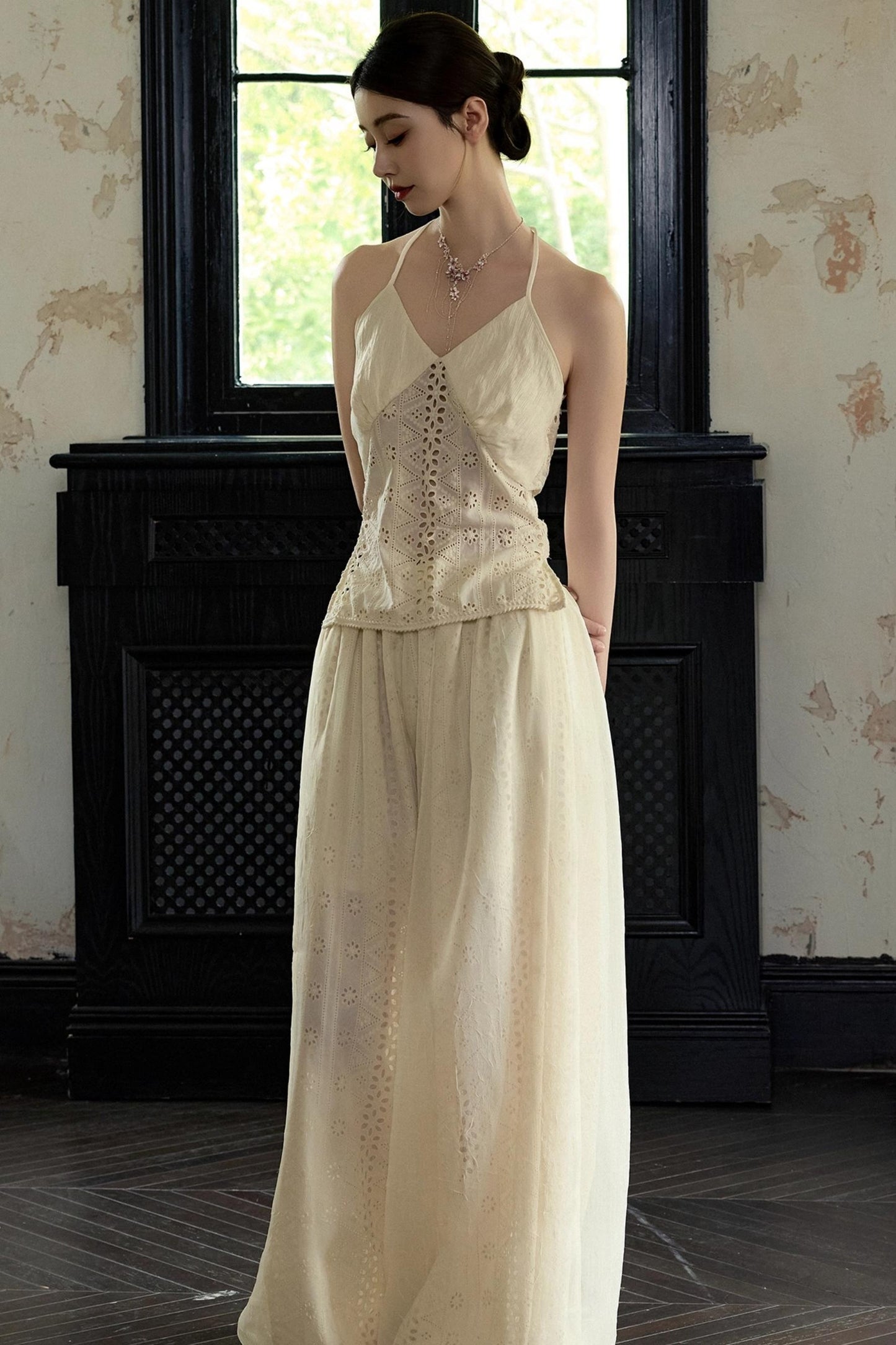 Romantic White Embroidered Halterneck Top