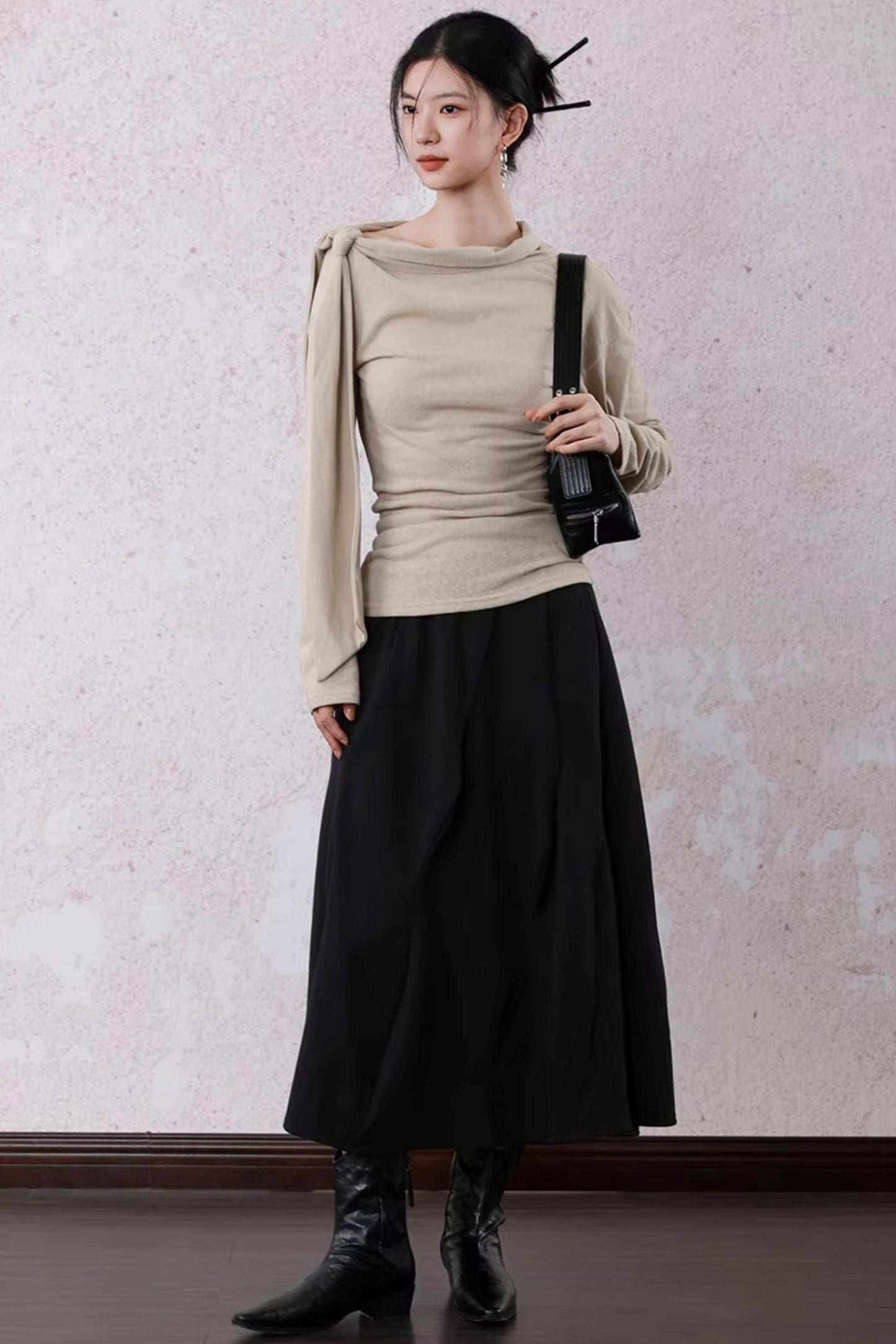Milk Tea Long Sleeve One-Shoulder Top
