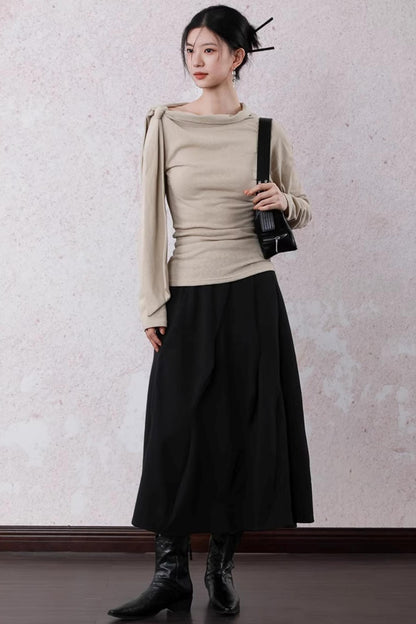 Milk Tea Long Sleeve One-Shoulder Top