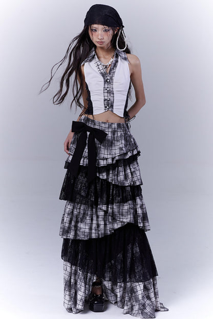 Plaid Splice Sleeveless Top