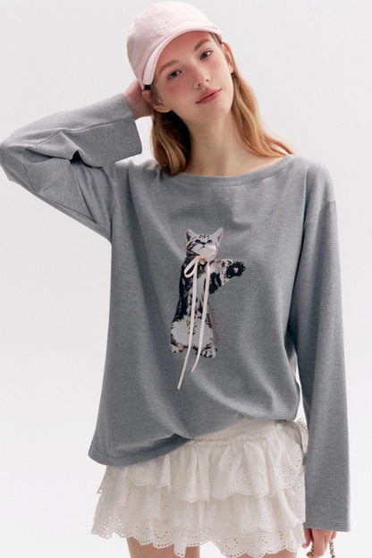Lazy Kitten-print Long-sleeved T-shirt