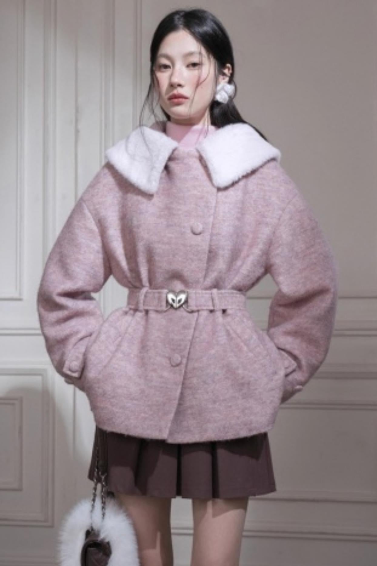 Cream Pink Quilted Woolen Coat