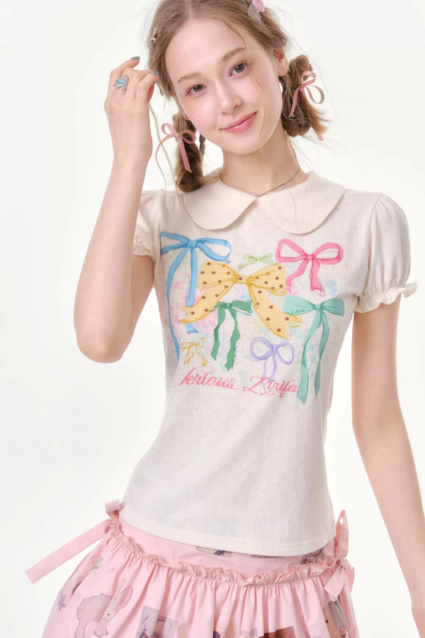 White Floral Bow Puff Sleeve T-Shirt