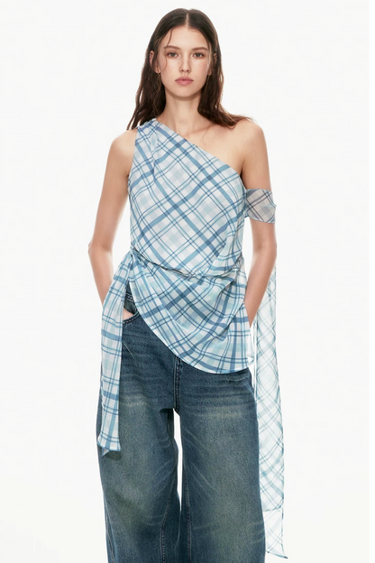 Blue Plaid One-Shoulder Vest