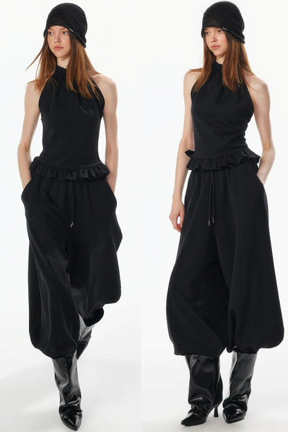 Ruffle Hem Halter Backless Top