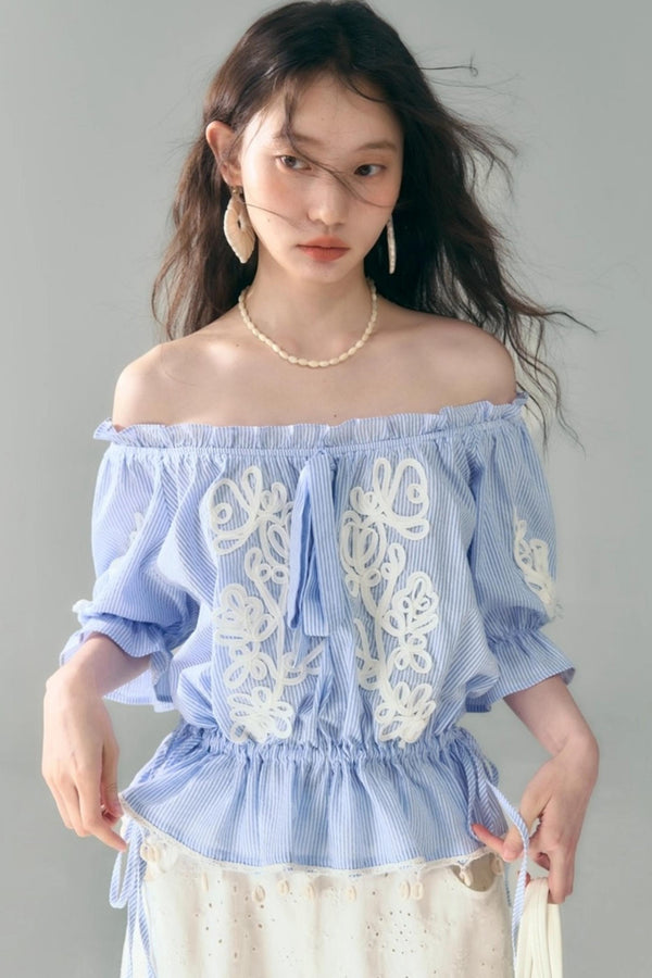 Island Flower Vine Striped Short Sleeve Top Shorts Set-Up