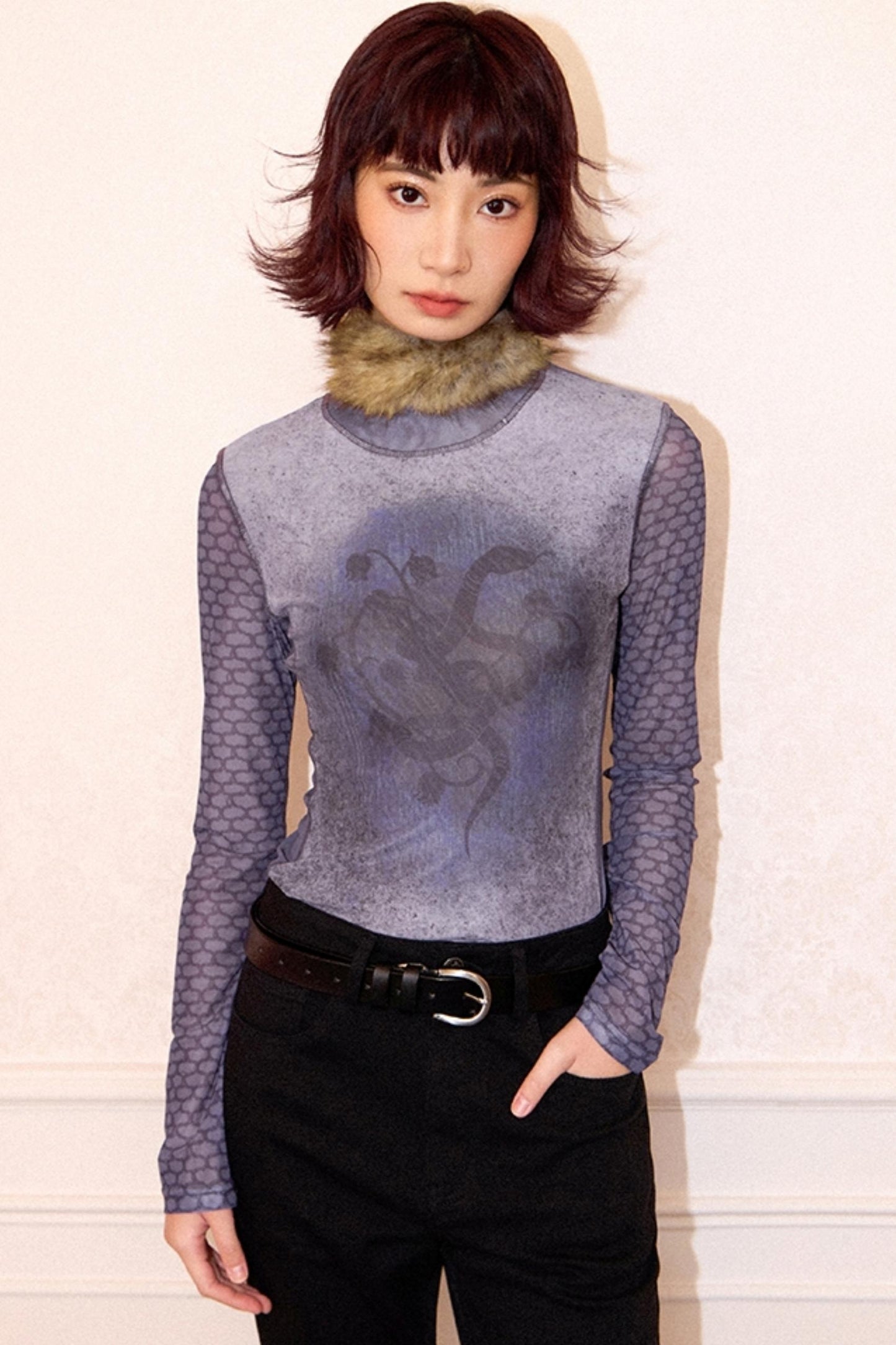 Graffiti Spliced Fur Collar Top