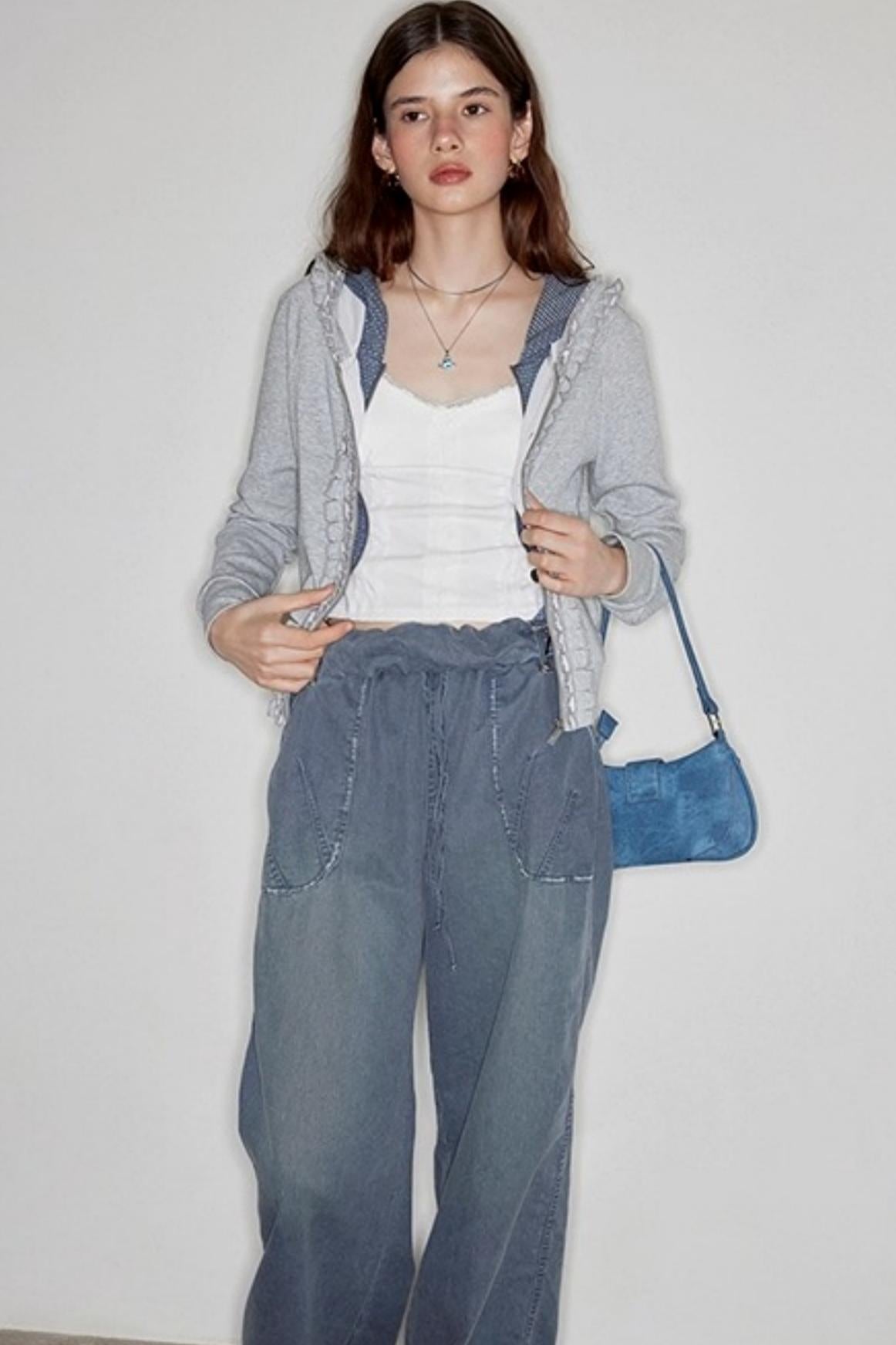 Washed Distressed Cuffed Waist Loose Pants