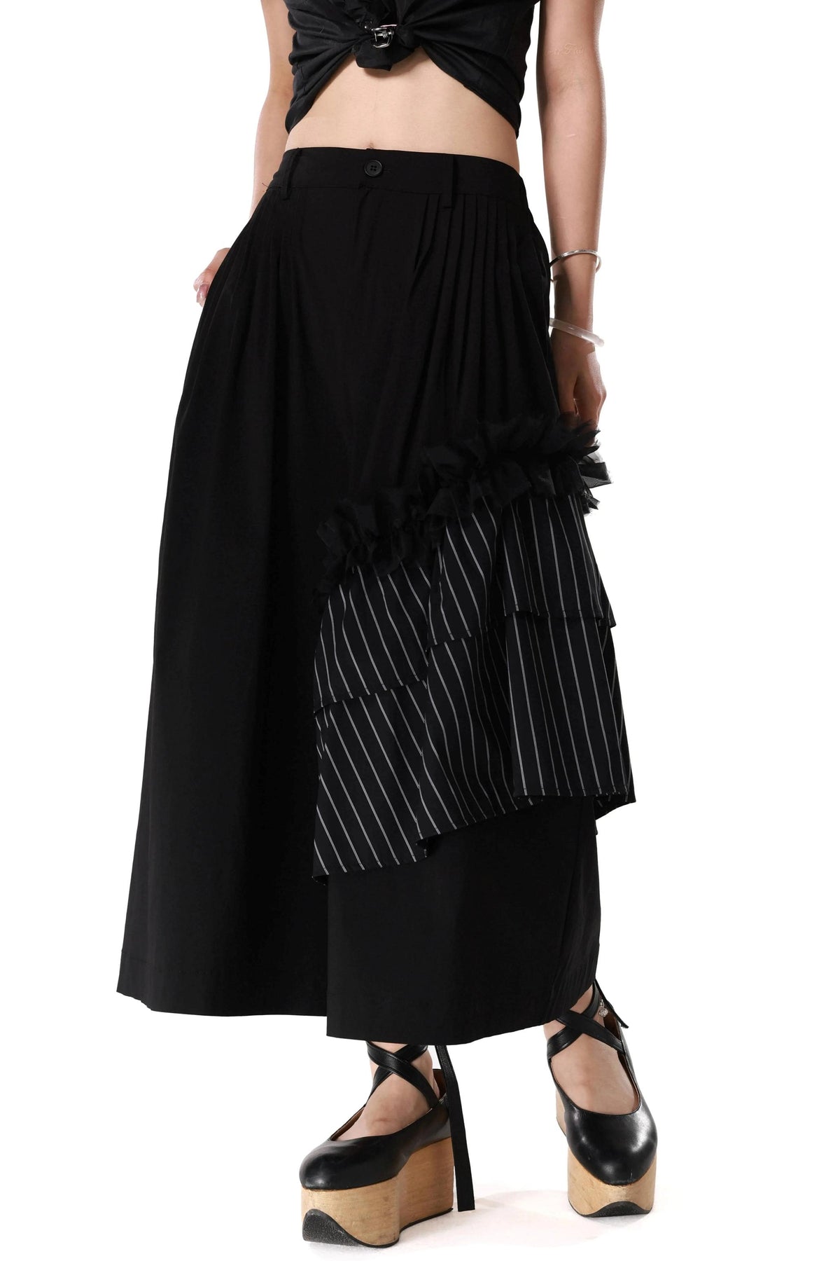 Irregular Black Gauze Striped Skirt Pants
