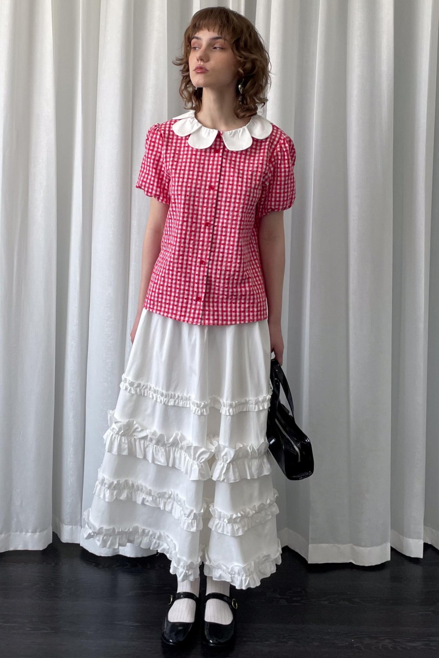 Red Plaid Lantern Sleeve Shirt